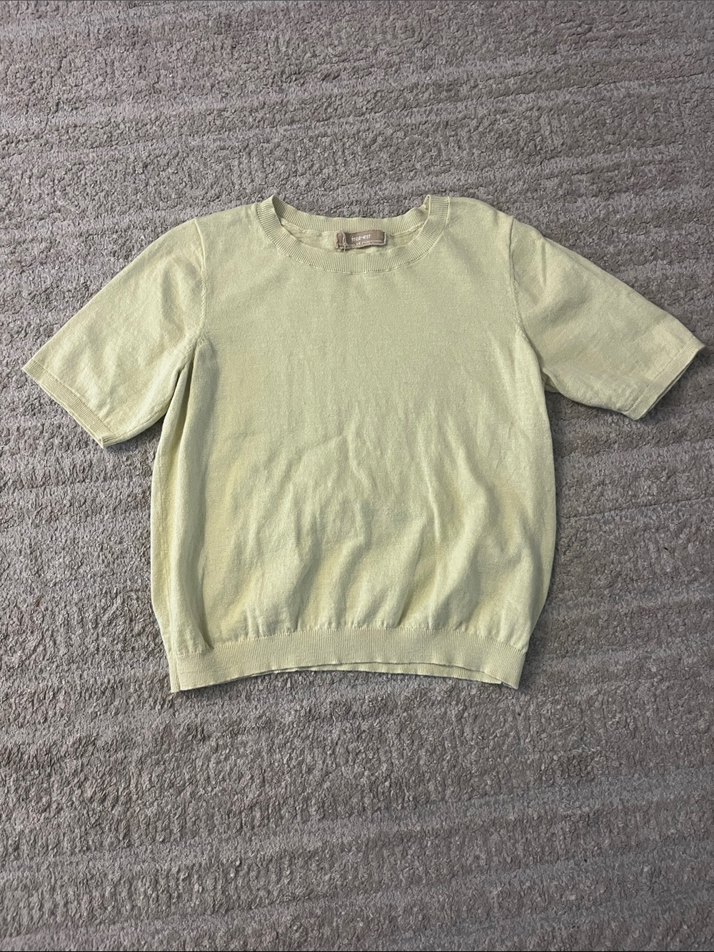 Free People Pale Yellow Green Knit Cotton Linen Blend Short Sleeve Top Large